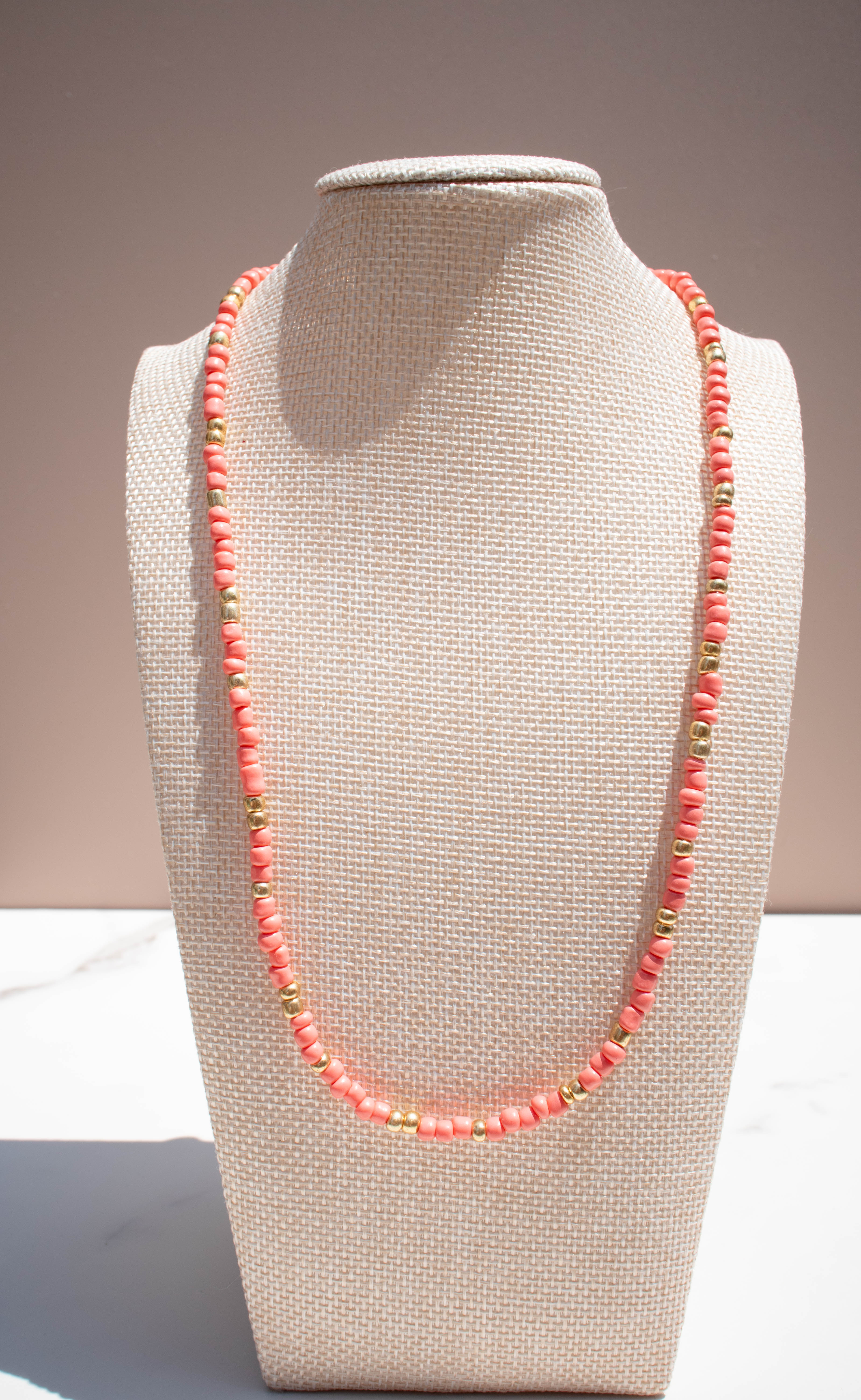 The Penny Necklace- Coral and Gold Seed Beads