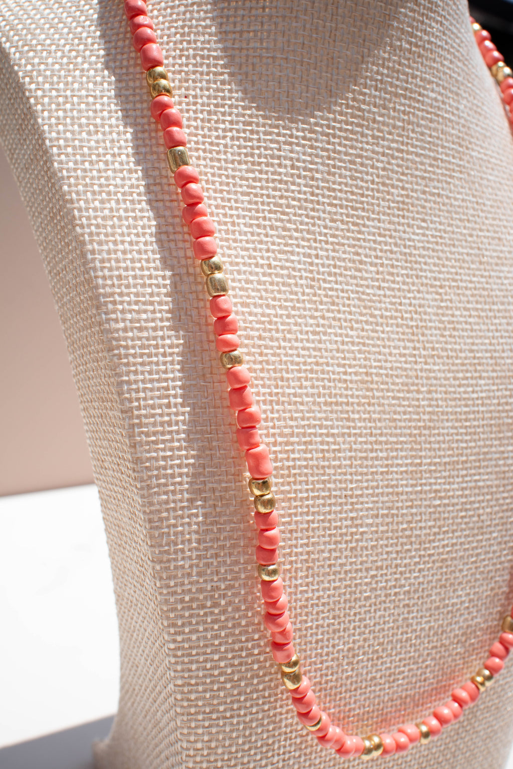 The Penny Necklace- Coral and Gold Seed Beads