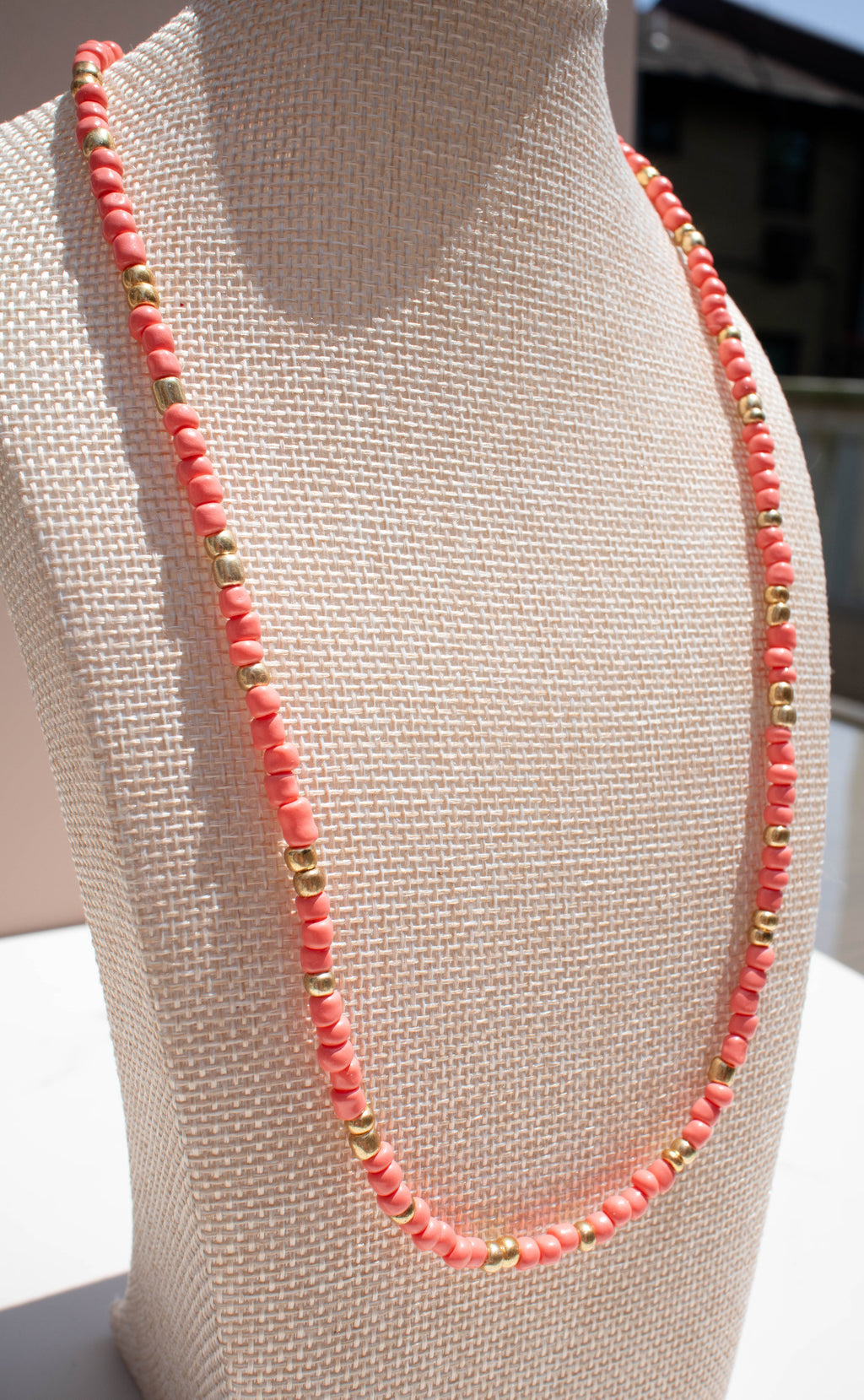 The Penny Necklace- Coral and Gold Seed Beads