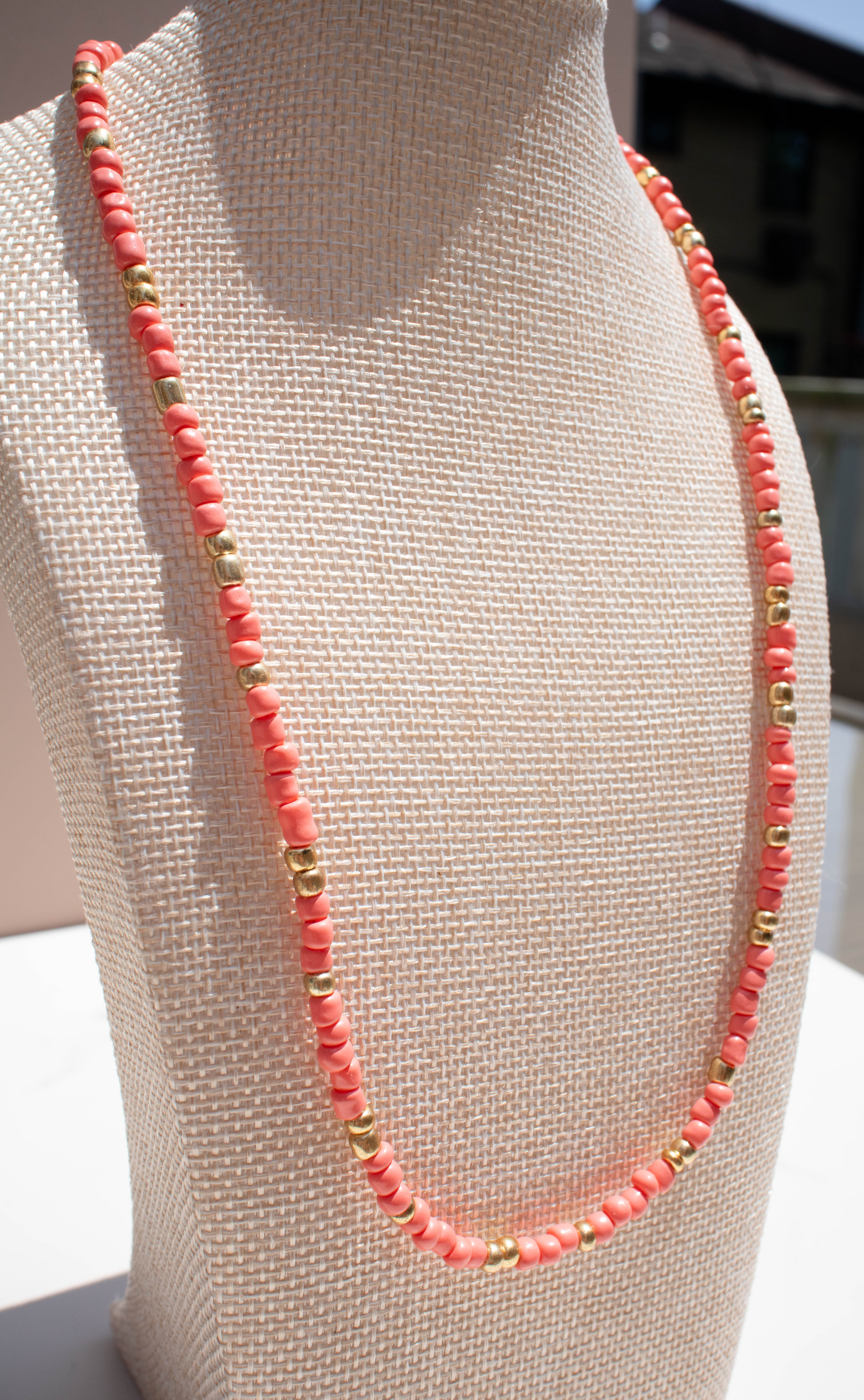 The Penny Necklace- Coral and Gold Seed Beads