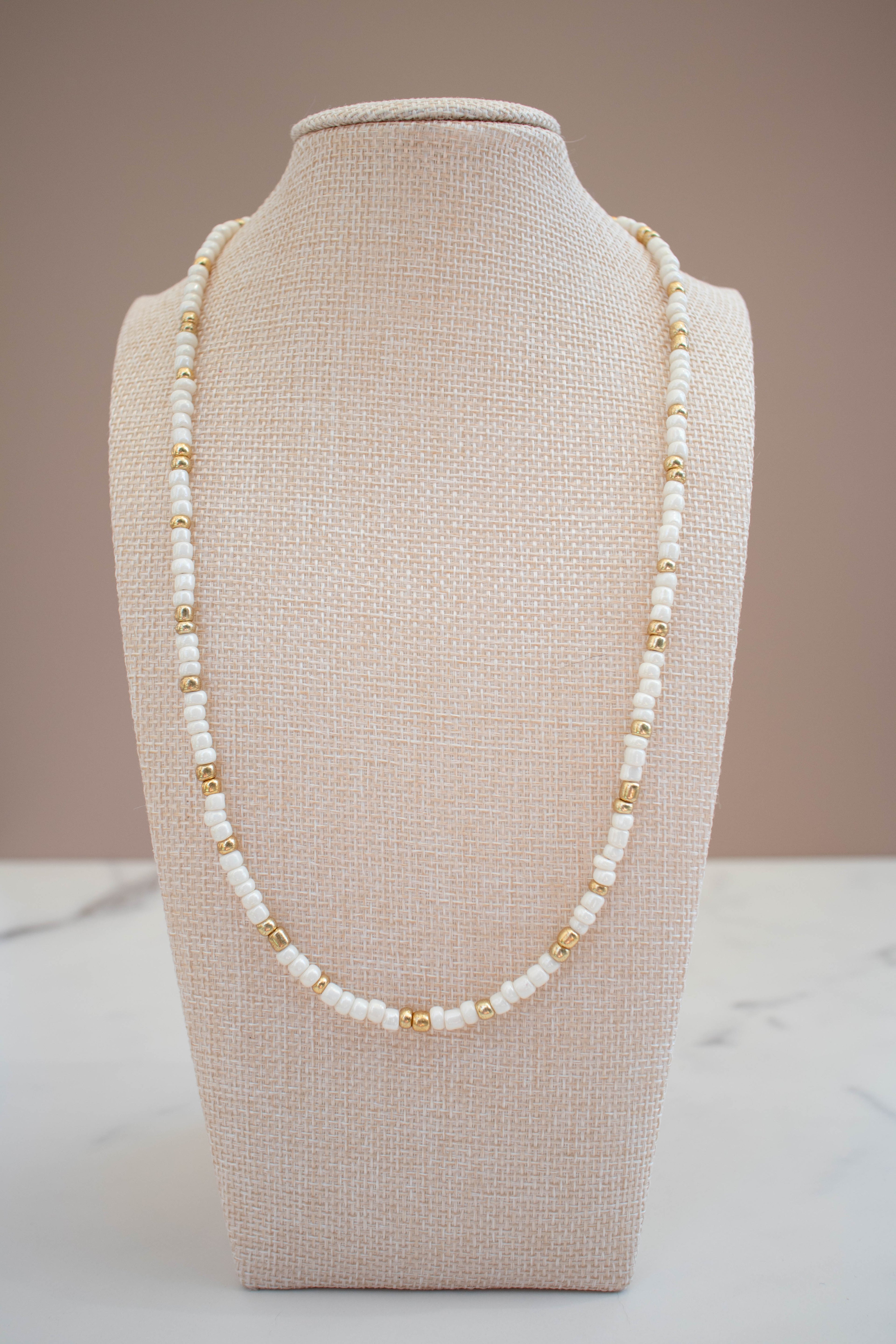 The Grace Necklace- White and Gold Seed Beads