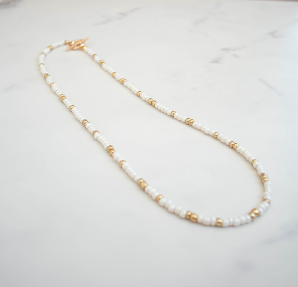 The Grace Necklace- White and Gold Seed Beads