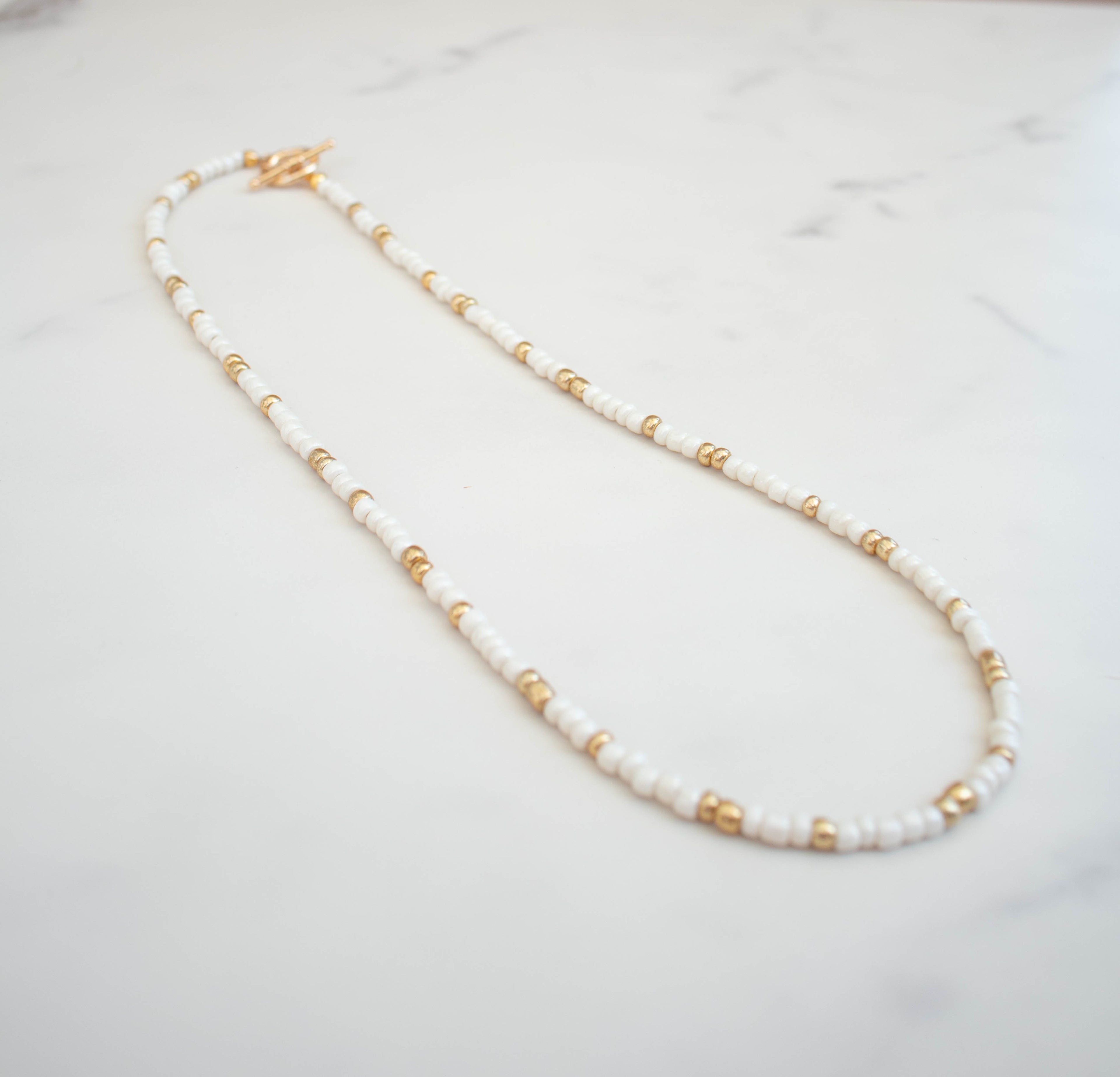 The Grace Necklace- White and Gold Seed Beads
