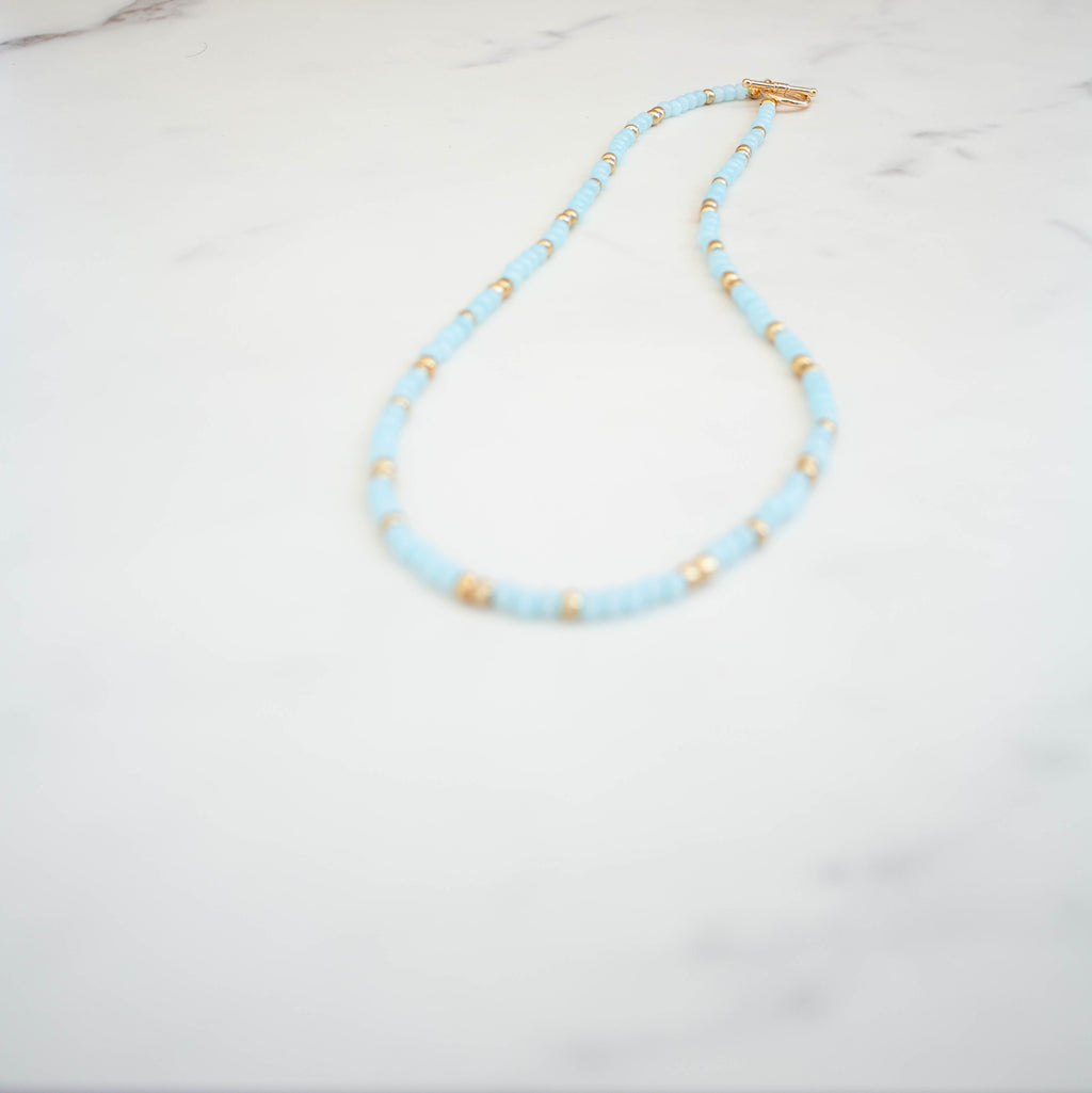 The Marina Necklace- Round Blue and Gold Seed Beads