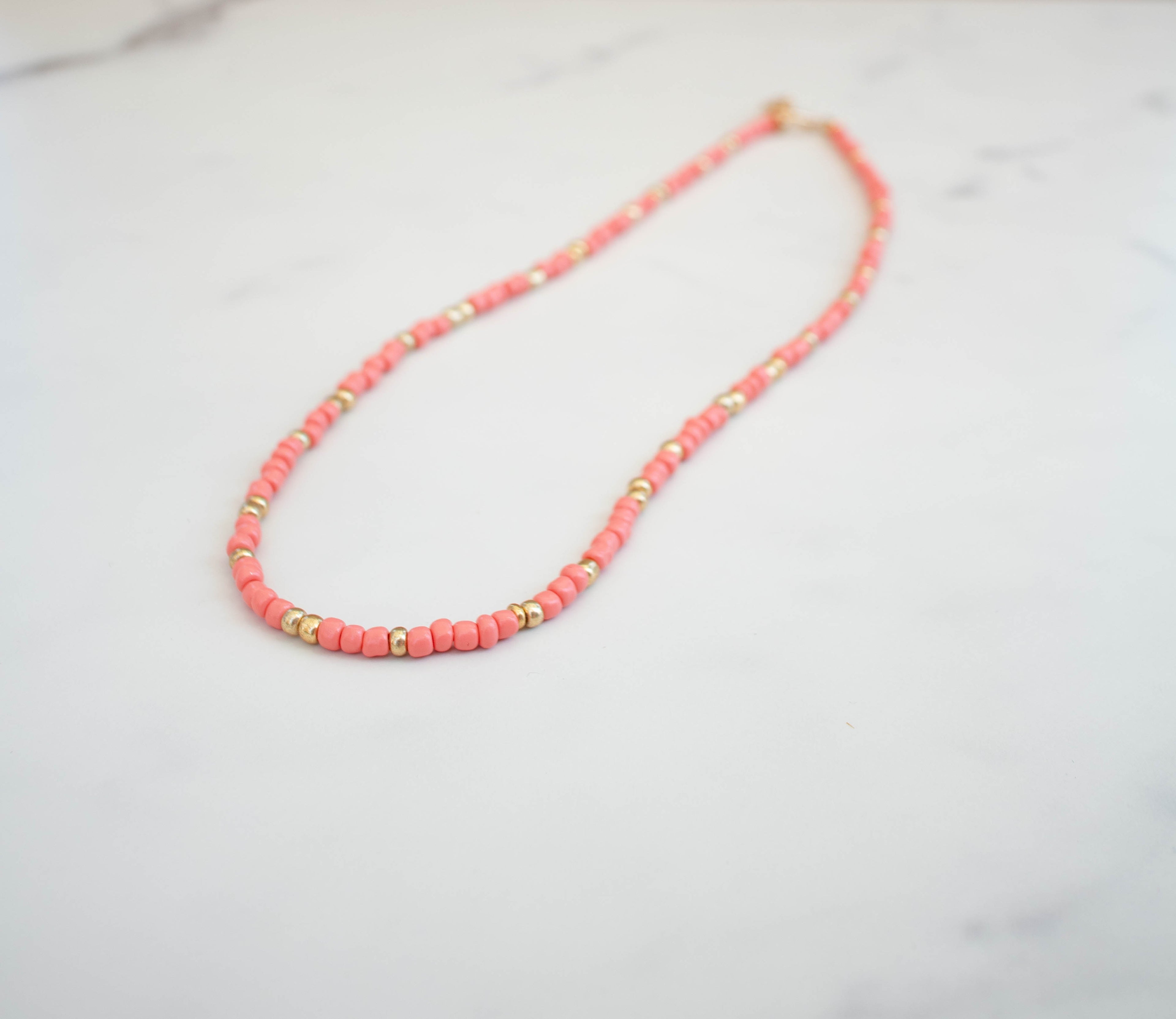 The Penny Necklace- Coral and Gold Seed Beads