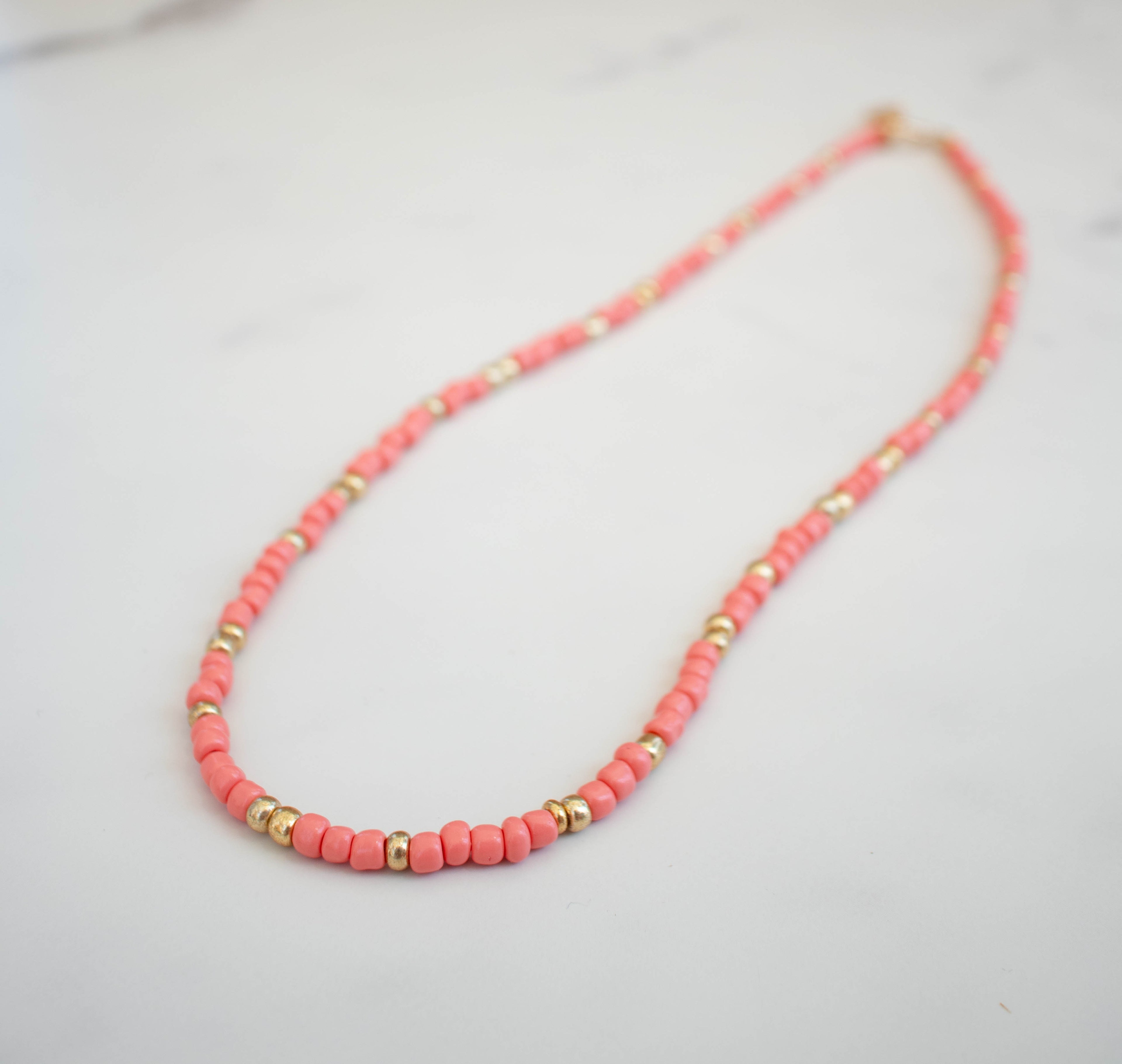 The Penny Necklace- Coral and Gold Seed Beads