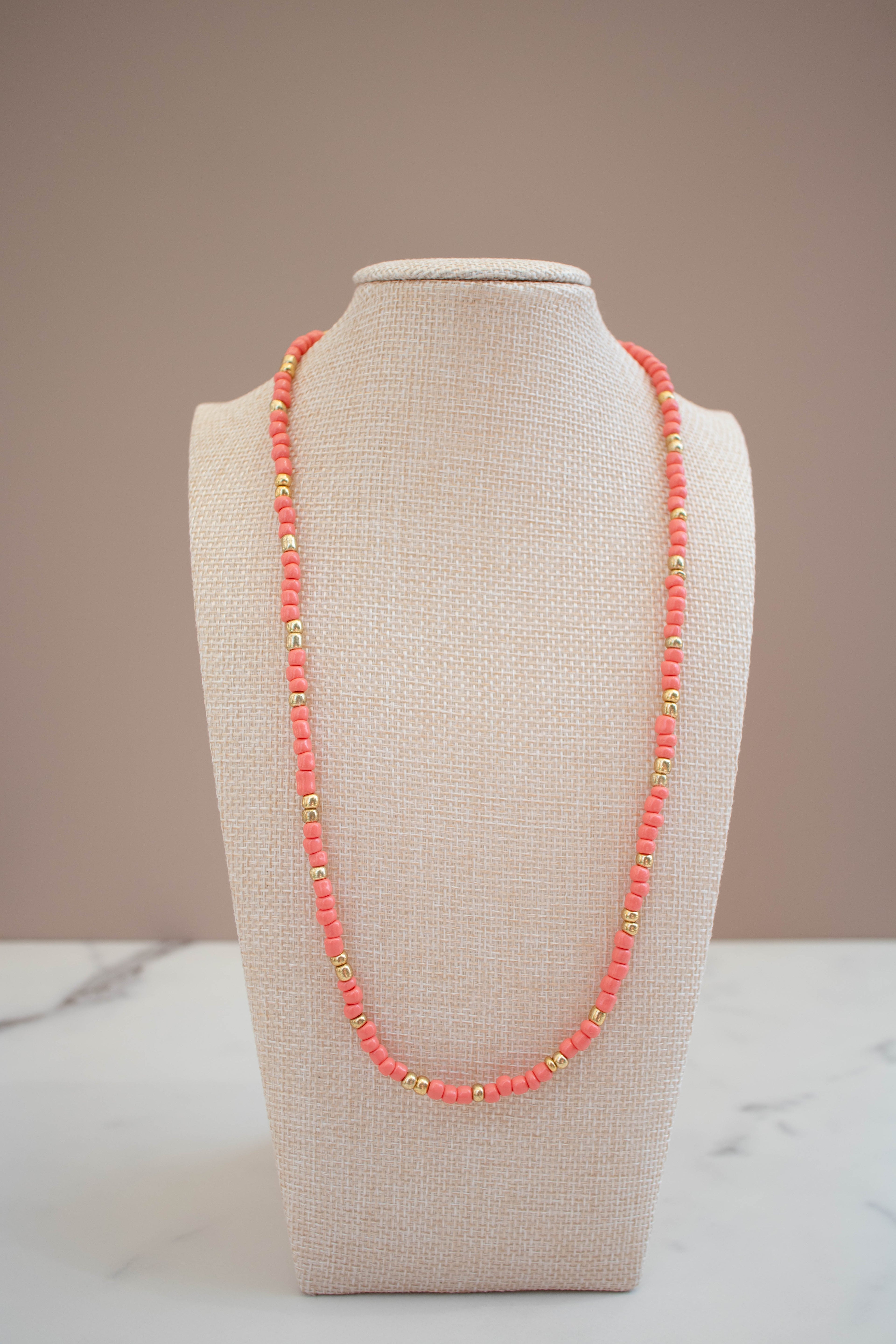 The Penny Necklace- Coral and Gold Seed Beads