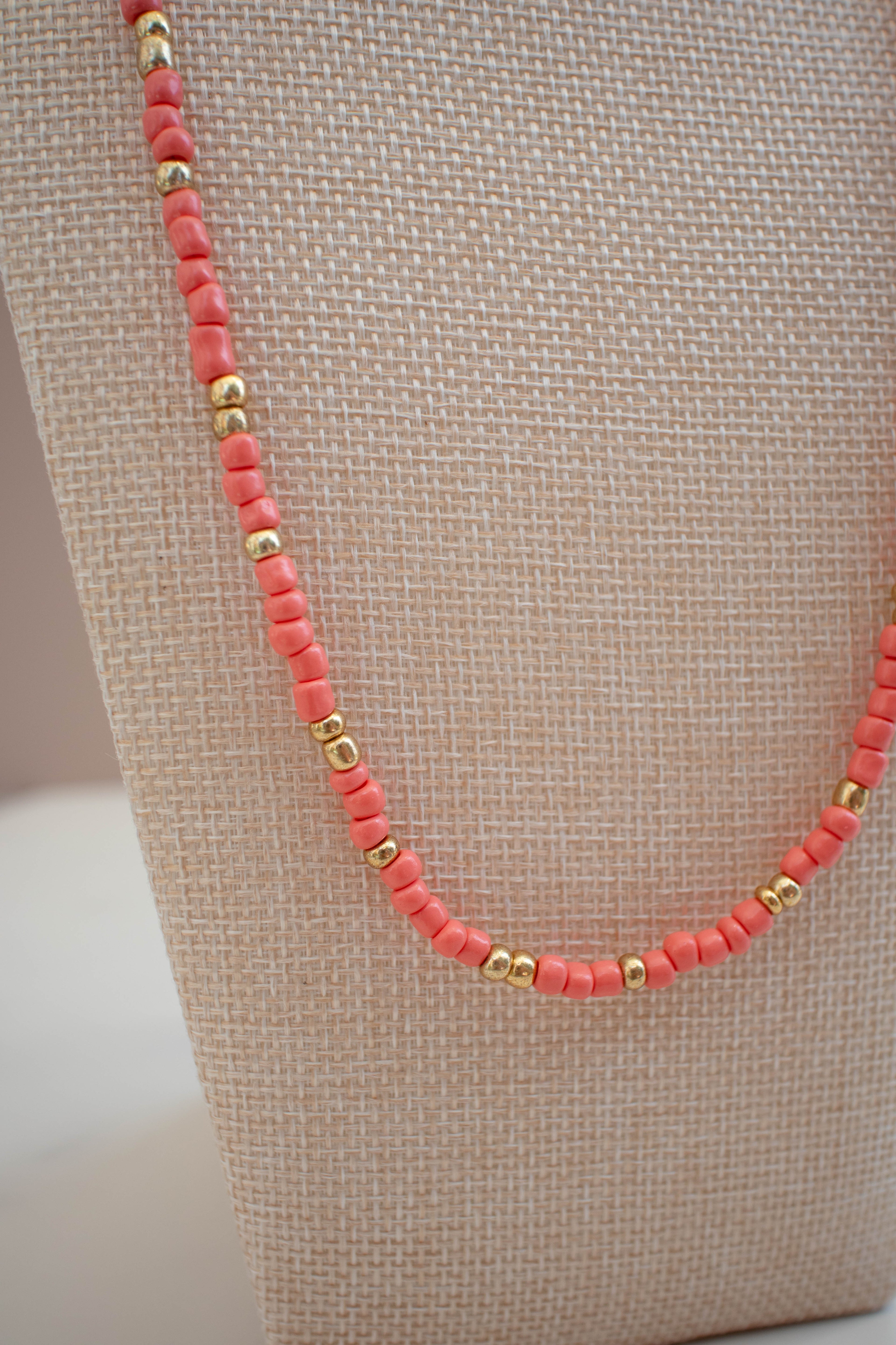 The Penny Necklace- Coral and Gold Seed Beads