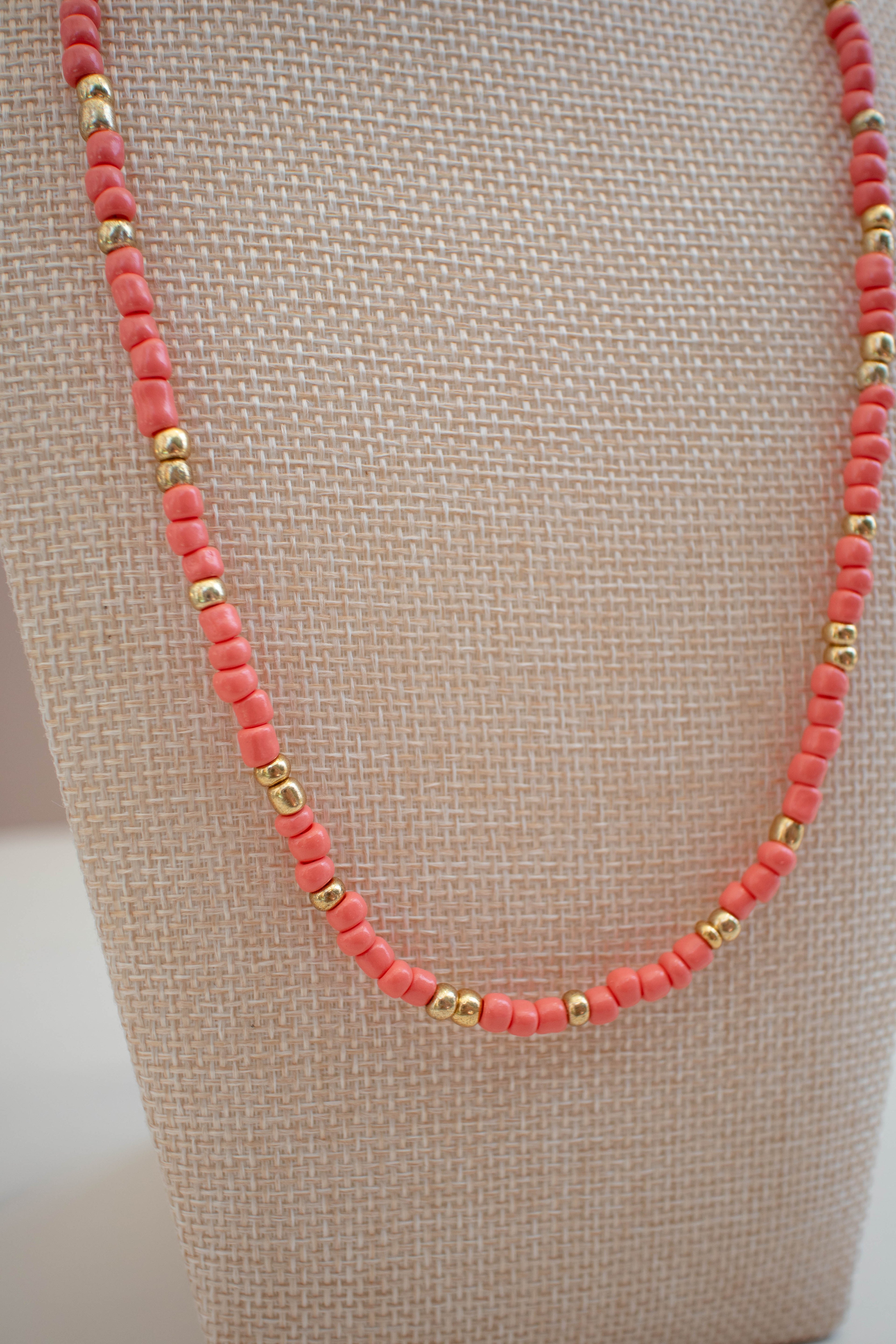 The Penny Necklace- Coral and Gold Seed Beads