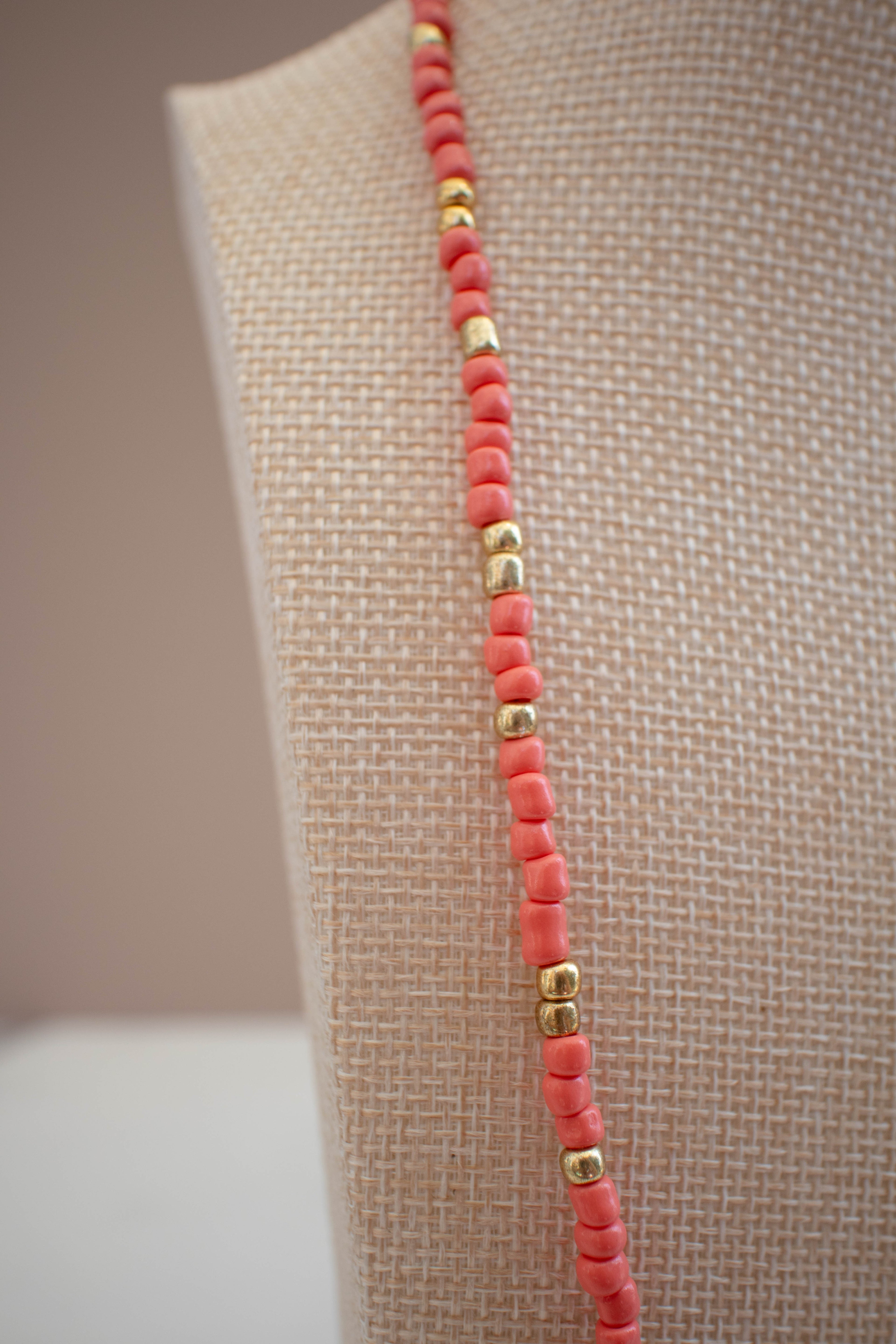 The Penny Necklace- Coral and Gold Seed Beads