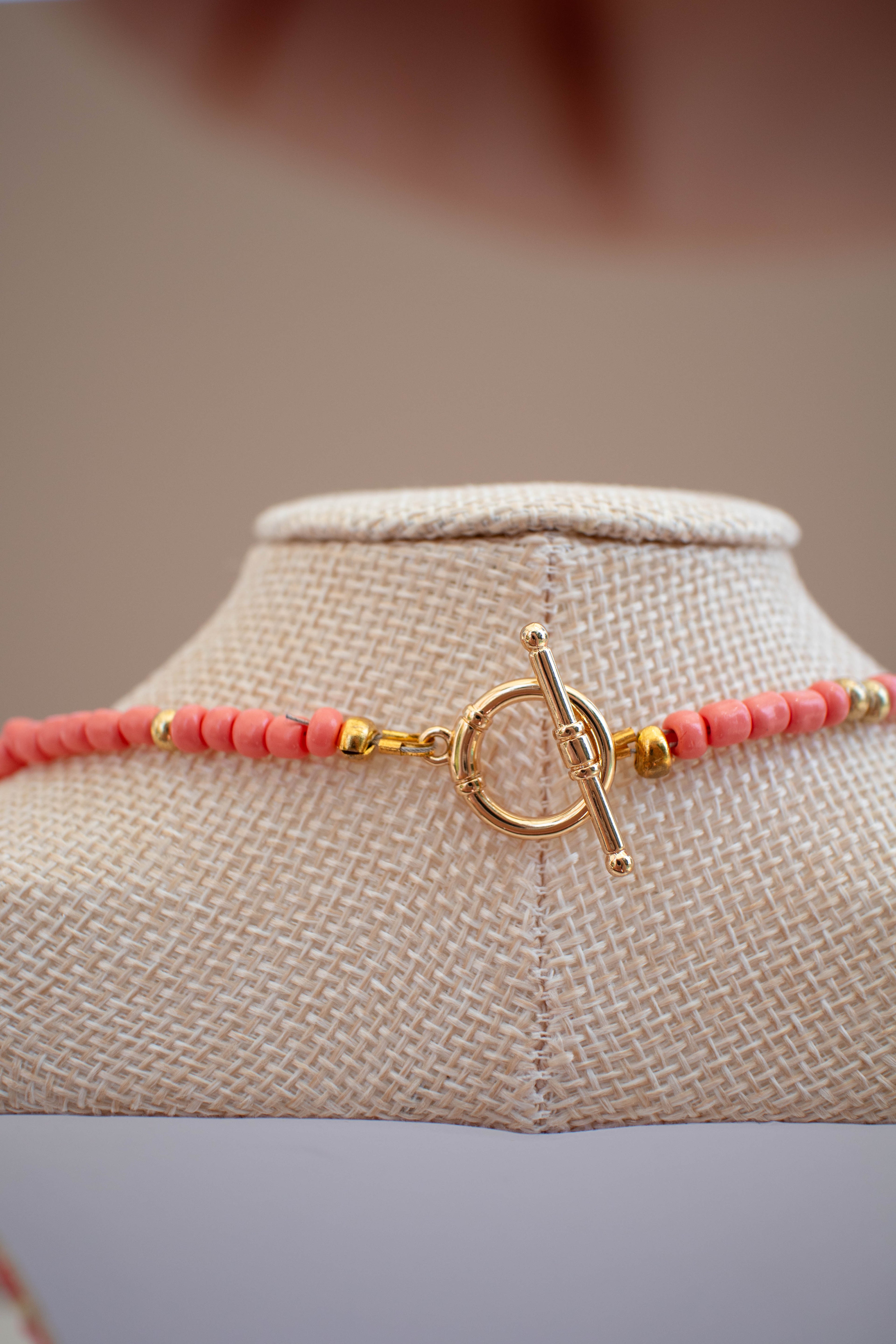The Penny Necklace- Coral and Gold Seed Beads