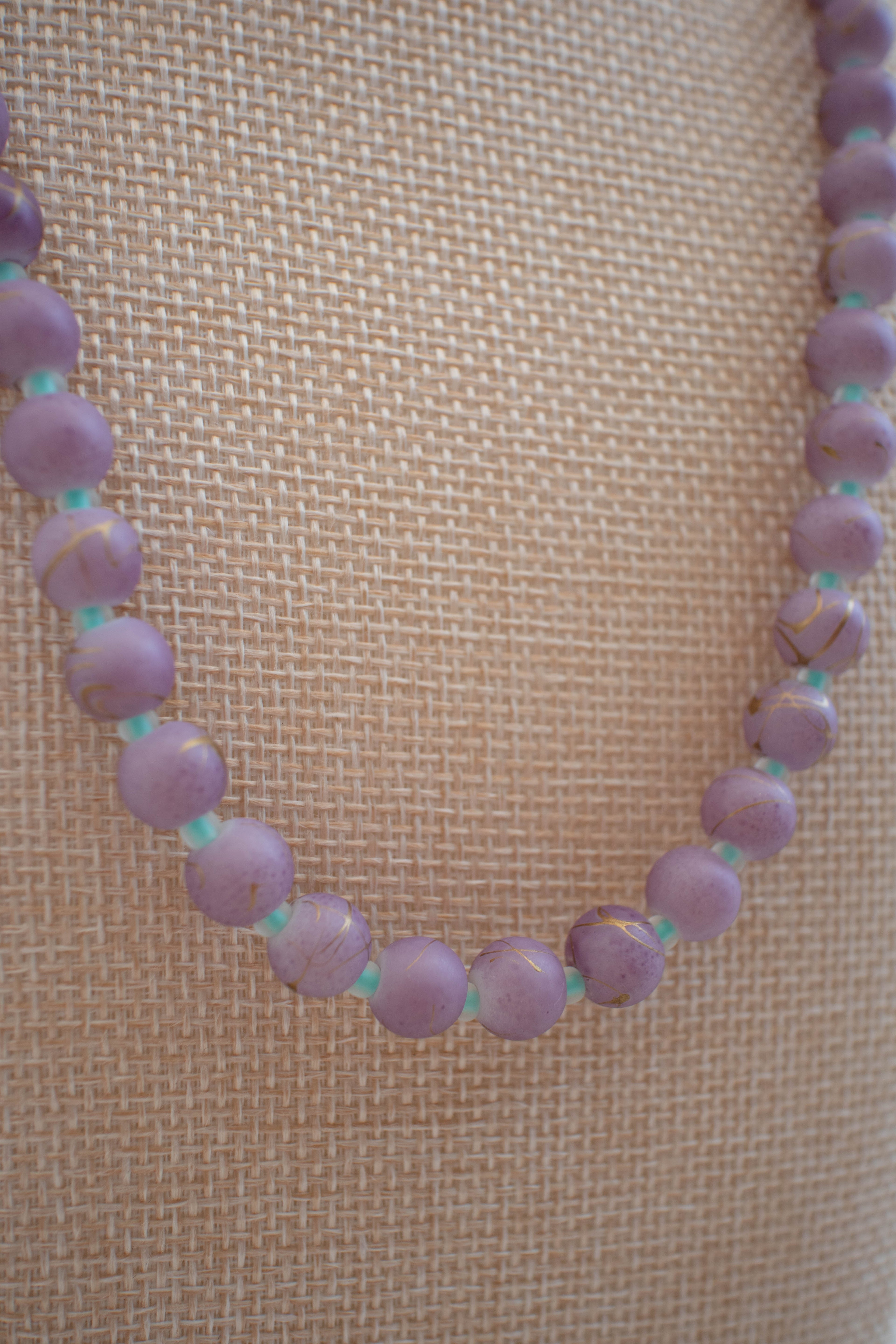 The Sadie Necklace- Round Purple & Mint Glass Beads